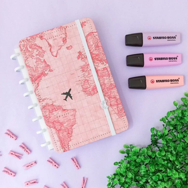 Caderno Inteligente Mapa Mundi Rosa Pastel